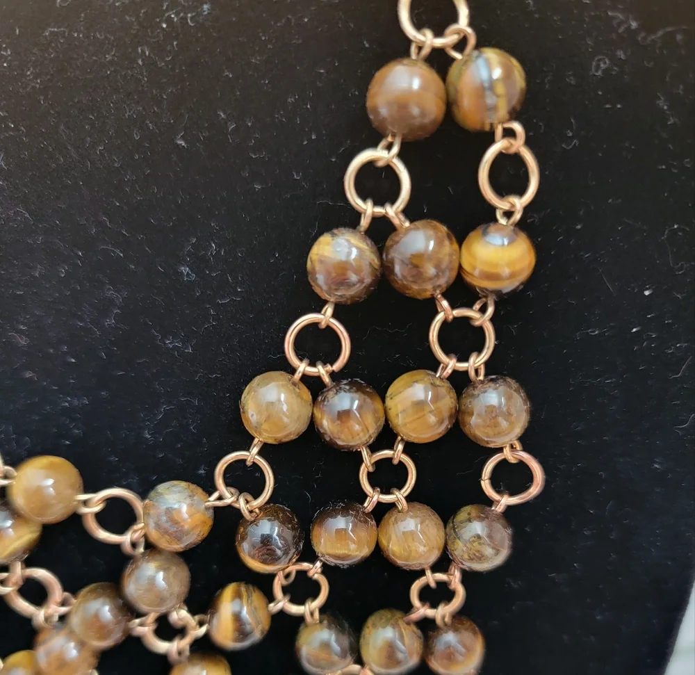 Genuine Tiger's Eye Gold Tone Multi Strand Bib Statement Necklace
